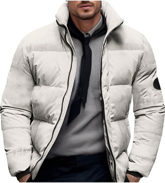 Generic Mens Puffer Jacket Winter No Hood Padded Coats Long Sleeve Fitted Quilted Jackets Plain Colour Zipped Coats Windproof Puffy Insulated Tops with Pocket