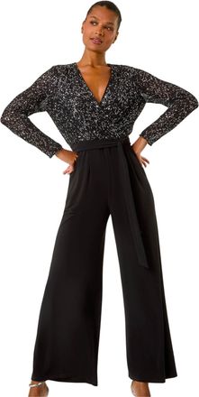 Roman Womens Sequin Wrap V-Neck Stretch Jumpsuit - Black - Size 12 UK