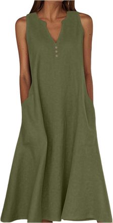 Generic Summer Dresses for Women Cotton Linen V Neck Button Sleeveless Dress Casual Solid Maxi Loose Fit Beach Sundress with Pockets Sleeveless Summer Dresses