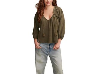 Lucky Brand Knit Mix Peasant Blouse Womens Clothing Dusty Olive : LG (US 10-12), Cotton
