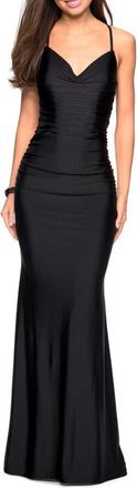 La Femme Form Fitting Jersey Dress with Ruching and Strappy Back in Black at Nordstrom, Size 00