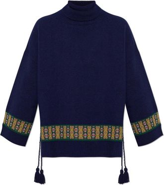 Etro Turtleneck met zijdelingse franjes - Dames - Coltruien - Blauw - S - Katoen - Truien & Vesten