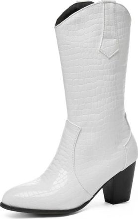 Generic Womens Crocodile Print Western Cowboy Boots Pointed Toe Mid Calf Chunky Block Heels Comfortable Non Slip Durable for Daily Party Streetwear,White,8.5 