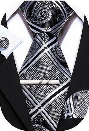 Barry.Wang Mens Tie Paisley Plaid Striped Floral Silky Necktie Pocket Square Cufflinks Clip Set Wedding Party Formal Business