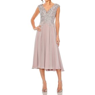 Mac Duggal Embroidered Beaded Midi Dress with Cap Sleeves in Vintage Lilac at Nordstrom, Size 12