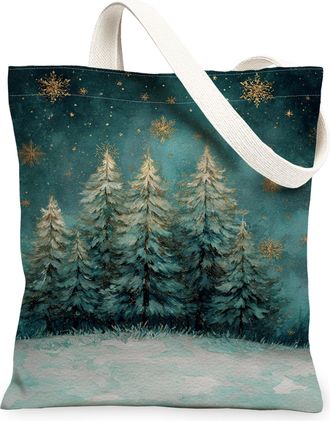 Generic Winter Trees Canvas Tote Bags, Pine Forest Design Reusable Grocery Bags, Lightweight Washable Shoulder Strap for Travel Beach Picnic 13x15 Inch