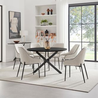 Furniturebox Novara Black Top Dining Table & 6 Beaumont Cream Fabric Chairs