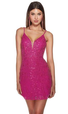 Alyce Paris Sequin Lace Plunging Neckline Cocktail Dress In Raspberry