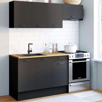 IDMarket Idmarket - Cocina subtil completa de 180 cm con encimera negra de 5 unidades y estantes de madera