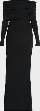 Sally Lapointe Off-The-Shoulder Ruched Jersey Long-Sleeve Maxi Dress