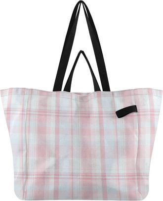 Generic Pink Blue Plaid print Reusable Canvas Tote Bag, Heavy Duty Grocery Shopping Bag with Double Handles Large Capacity Hard Bottom Work Groceries Travel
