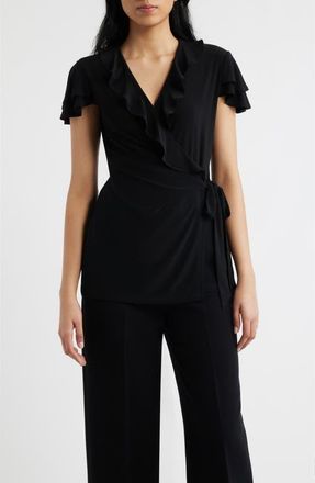 Anne Klein Ruffle Wrap Top in Anne Black at Nordstrom, Size Xx-Small