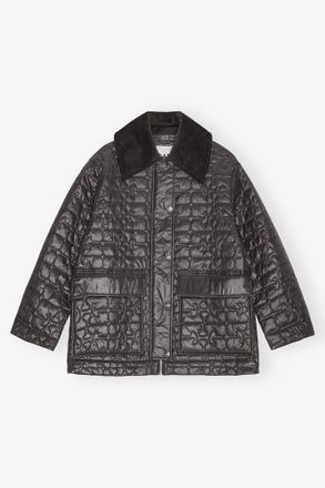 Ganni Mixed Black Shiny Quilt Midi Jacket - Size L/XL Recycled Nylon