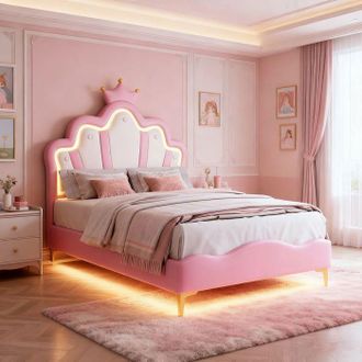 OEM Cama Infantil Princesa 90x200 Cm Led Rosa Con Somier De Lamas Y Cabecero Ajustable - Mdf Y Cuero Sint&eacute;tico