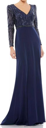 DKNY Womens Embellished Long Sleeve Bodice Column Dress In Blue