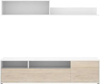 Dmora Dmora - Pared Equipada Jelawat, Composición de la sala de estar, Muebles de salón multiusos, Gabinete de tv, 180x35 h44 cm, Blanco y Roble