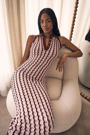 Karen Millen Womens Knit Contrast Collar Pointelle Sleeveless Midi Dress - Pink viscose - Size X-Small