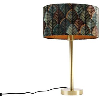 QAZQA Qazqa - Moderno L&aacute;mpara De Mesa De Lat&oacute;n Con Pantalla Ovalada De Terciopelo Con Dise&ntilde;o De Hojas De 35 Cm - Simplo Acero /terciopelo /textil Redonda /o