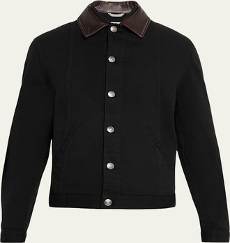 Brunello Cucinelli Mens Garment-Dyed Denim Leather-Collar Shirt Jacket