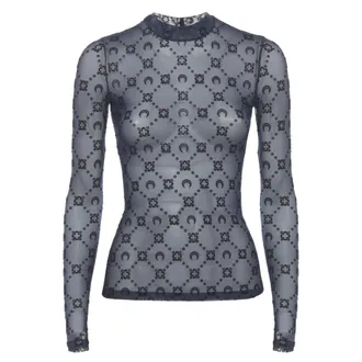 Marine Serre Long Sleeve Tops, female, Blue, Size: M Moonogram Mesh Flock Long Sleeve Top