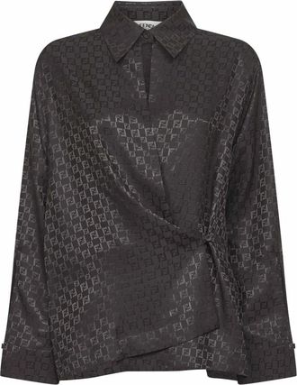 Fendi Zijden Schaak Jacquard Shirt met Gedrapeerd Detail - Dames - Overhemden - Bruin - XS - Overhemden