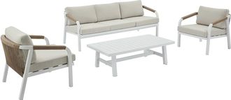 Vente-Unique Conjunto de sal&oacute;n de jard&iacute;n en aluminio y cuerda: Sof&aacute; de 3 plazas, 2 sillones y una mesa de centro - Blanco con cojines beige - LUREYA de MYLIA