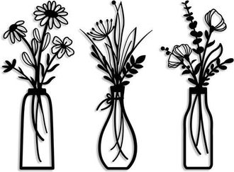 No Brand Juego De 3 Adornos Florales De Metal Para Pared: Decoraci&oacute;n Moderna De Pared Negra Con Forma De Jarrones De Flores