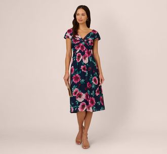 Adrianna Papell Cap Sleeve Floral Chiffon A Line Midi Dress In Navy Pink Multi