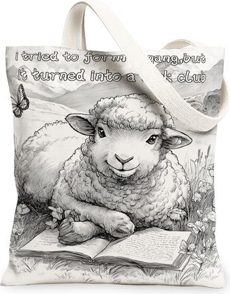 Generic Sheep Design Canvas Tote Bags, Cute Animal Pattern Reusable Shopping Bags, Spring Vintage Lightweight Washable Shoulder Str, White, 13x15 Inch