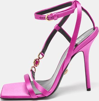 Versace Pink Satin Crystal Embellished Ankle Strap Sandals