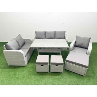Fimous Fimous Patio PE Wicker 9 Seater Outdoor Rattan Furniture Sofa Sets with Rectangular Dining Table Reclining Chair Loveseat Sofa 3 Seater Sofa Stool 2