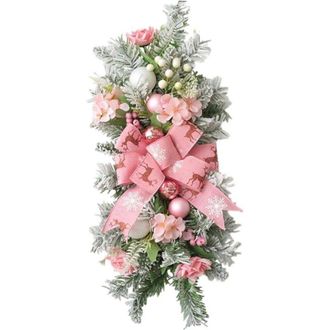 OEM Corona Navide&ntilde;a Artificial En Forma De L&aacute;grima, 55 Cm, Cinta Estampada Grande, Adornos Navide&ntilde;os, Rosa, Nieve, Ramas Escarchadas, Corona Decorativa Pa