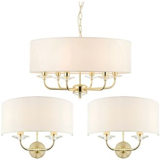 Loops 6 Bulb Ceiling Pendant Lamp & 2x Matching Twin Wall Light Modern Brass Plate in Metallics