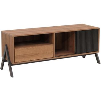 Hhg [NON UTILIZZATO] Mobile TV HHG-051, basso ante scorrevoli, vani portaoggetti cassetti, MDF, metallo, melamina, 49x120x40 cm, naturale