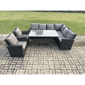 Fimous 8 Seater Garden Rattan Furniture Corner Sofa Dining Table Chair Set with Temper Glass and Cushions Indoor Outdoor Lounge Sofa Set - Fimous