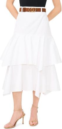 CeCe by Cynthia Steffe Tiered Denim Midi Skirt with Brown Golden Buckle Belt in Ultra White at Nordstrom, Size 12