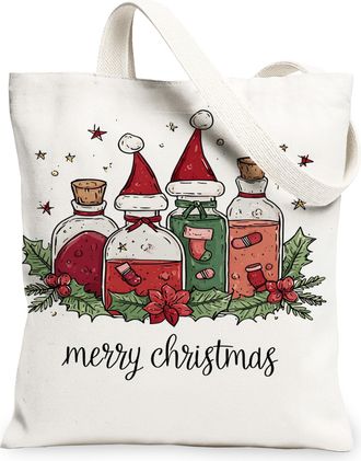 Generic Christmas Floral Canvas Tote Bags, Vintage Holiday Bottles Pattern Reusable Grocery Bags, Lightweight Washable Shoulder Str, White, 13x15 Inch