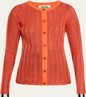 Christopher John Rogers Metallic Pleated Knit Crewneck Cardigan