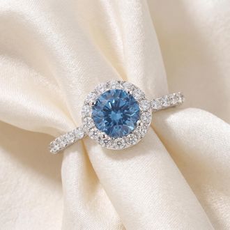 Pompeii3 2Ct TW Blue & White Diamond Halo Engagement Ring in 14k White Gold