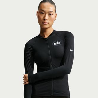 Nike Womens Swim Hydroguard Dri-FIT UV Long Sleeve Zip Top in Black | NESSG322-001