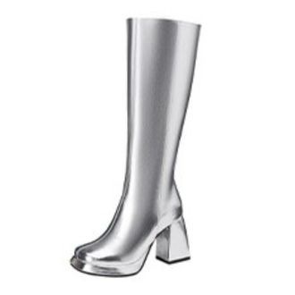 Generic Women Knee High Metallic PU Leather Square Toe Fashion Boots Block Heels Side Zip Glossy Solid Color Comfortable Durable,Silver,7.5 UK