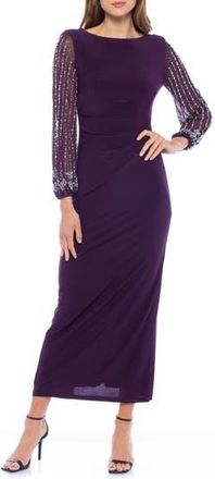 Marina Rossini Beaded Long Sleeve Jersey Gown in Eggplant at Nordstrom Rack, Size 16