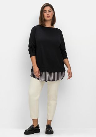 Sheego 2-in-1-Langarmshirt SHEEGO 2-in-1-Shirt, Damen, Gr. 44/46, schwarz, 100% Baumwolle, Webware:100% Polyester, gemustert, gestreift, unifarben, U-Boot-Au