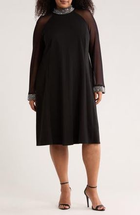 OLEG CASSINI Rhinestone Embellished Long Sleeve Shift Dress in Black at Nordstrom Rack, Size 3 X