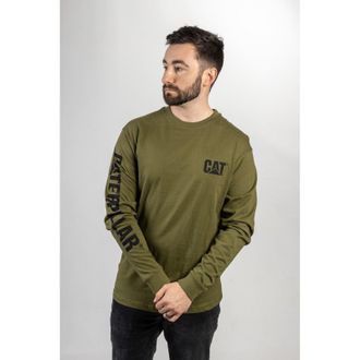 CAT Merkenbanner Lange Mouwen Katoenen Groene T-Shirt voor Mannen