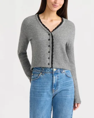 Ellen Tracy Womens Lace Trim Cardigan