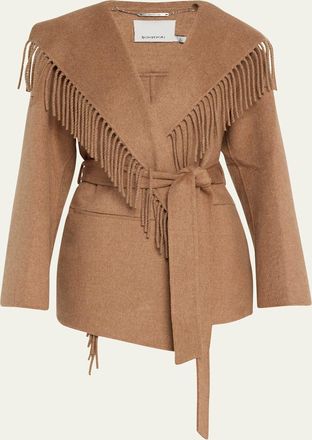 SIMKHAI Rowen Fringe Belted Wool-Blend Jacket