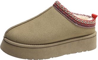 Generic Womens Platform Slippers, Slip-on Warm Fuzzy Winter Mini Boots Fluffy Comfy Furry Clogs Shoes for Outdoor Indoor (Khaki,6.5)