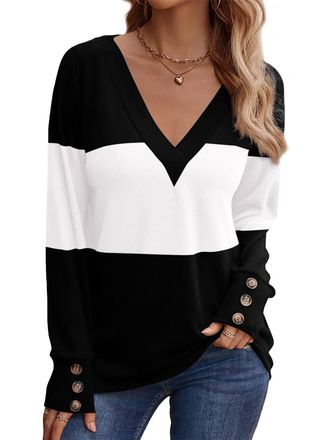 SHEKINI Women Long Sleeve Jumpers Color Block Pullover Tops T Shirts V Neck Dressy Casual Blouses Black White