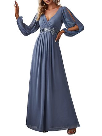 Ever-pretty Ever Pretty Womens Elegant A-Line Deep V-Neck Appliques Pleated Wrap Plus Size Ball Gowns Dresses Dusty Blue 22UK